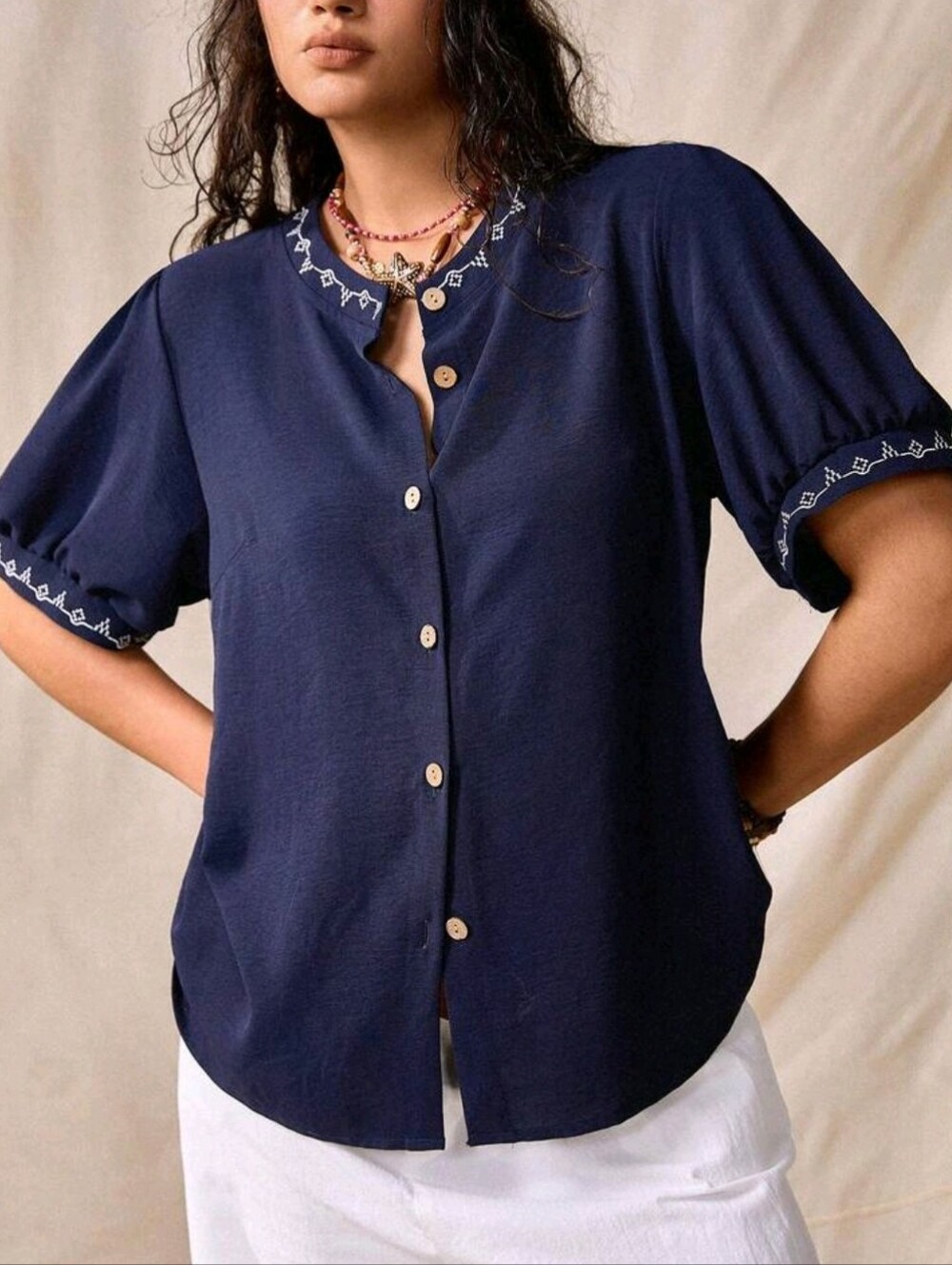 BRAND NEW ** Navy Embroidered Crew-Neck Button-Down Blouse